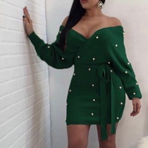 Off Shoulder Vneck Pearled Dress